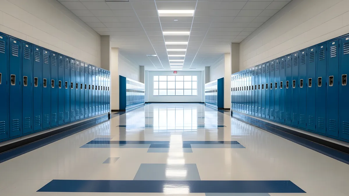 School corridor lit by recessed linear LED, lockers along both walls
