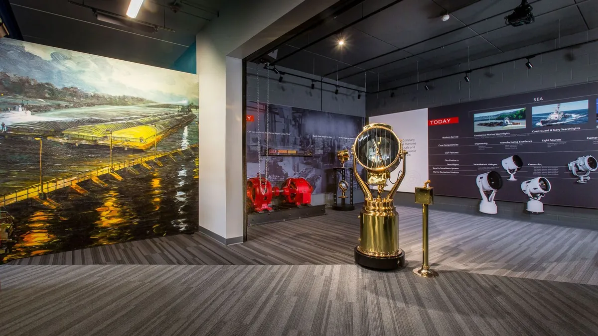 Exhibit hall with spotlit searchlights on plinths, a backlit landscape mural and track lighting on an exposed black ceiling
