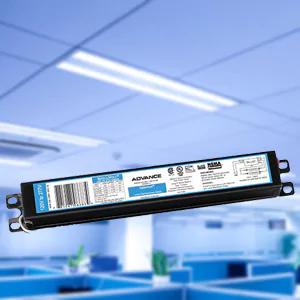 Fluorescent ballast on a bench in front of a lit office ceiling